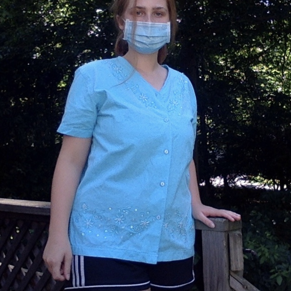 blue button up shirt with sequins